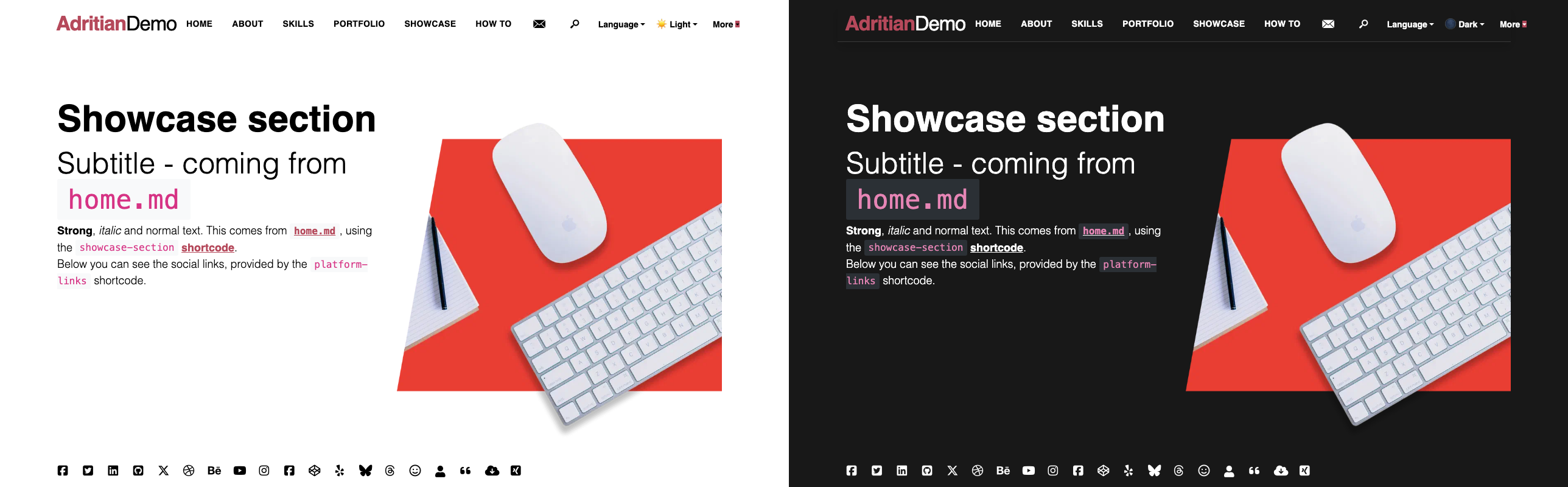 Rose color scheme — light mode (left) and dark mode (right)